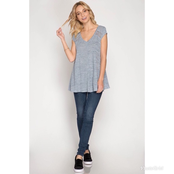 Last 1️⃣ Misty Blue Cap Sleeve Lace Trim Top - Picture 2 of 6